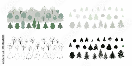 Stylized tree collection various shapes sizes and color palettes for design