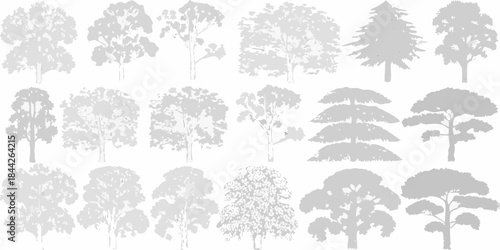 A collection of grayscale tree silhouettes with varied shapes and sizes