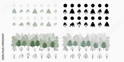 Variations of tree silhouettes grayscale and black from simple to complex forms