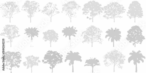 A collection of various grey tree silhouettes against a plain white background
