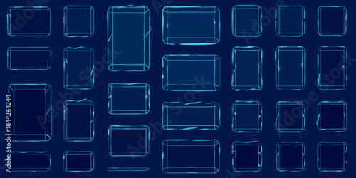 Collection of glowing blue rectangular frame outlines on a dark background