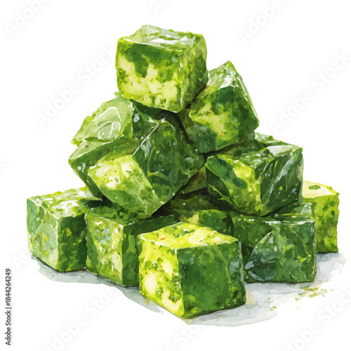 Watercolor painting of Saag Paneer, vector illustration, isolated on white background.