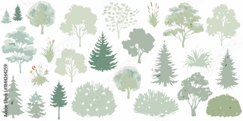 An assortment of watercolor trees in varying shades of green and gray
