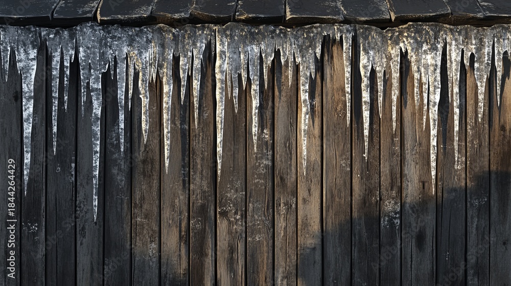Fototapeta premium Frozen Wooden Fence with Icicles in Winter