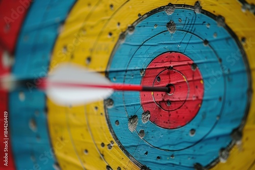 An arrow perfectly strikes the center of a multicolored archery target, symbolizing precision, accuracy, and focused achievement.