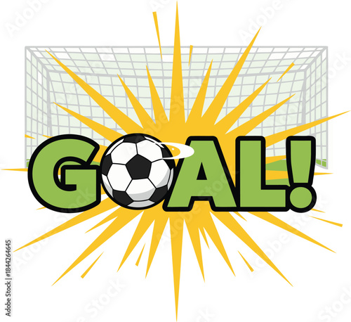 Exciting soccer ball flying into a goal with an energetic victory burst expressing achievement