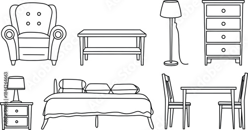 Furniture line art vector set. Hand drawn home interior items. Sofa, bed, table, chair, lamp and chest of drawers doodle outline