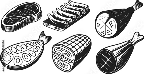 Hand Drawn Butcher Meat Cuts Vector Collection