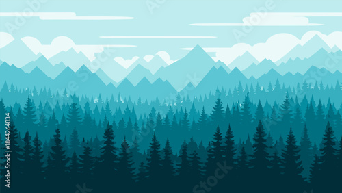 A serene, layered landscape of evergreen trees and distant blue mountains under a pale sky.