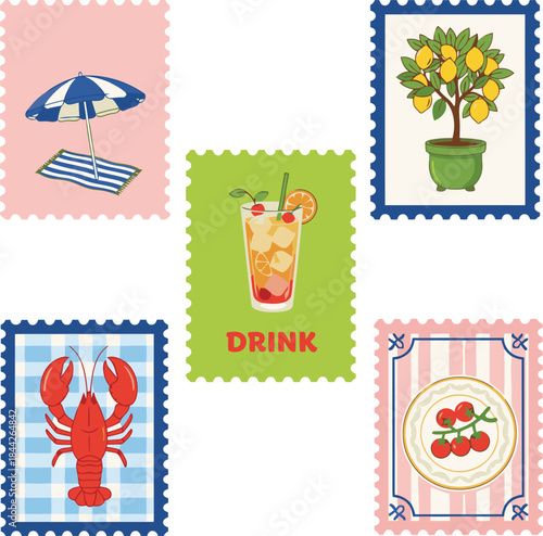 Colorful summer themed postage stamps showcasing delightful vacation elements food and refreshing drinks