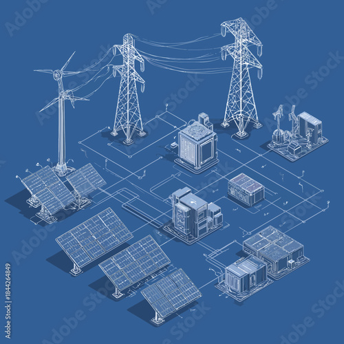 Distributed energy generation with sustainable power sources outline concept. Electricity distribution from alternative solar panels and wind turbines stored in central battery vector illustration.