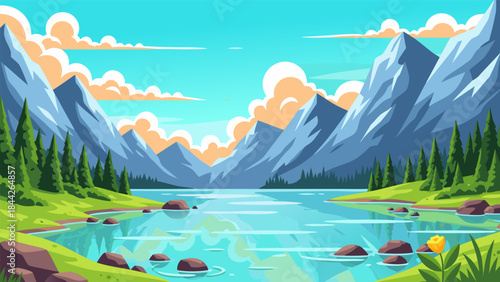 A serene mountain lake reflects the clear blue sky and fluffy clouds, surrounded by lush green forests and rocky shores.