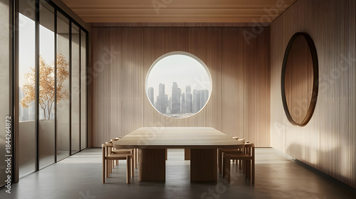 Minimalist Wooden Dining Room with Round Window