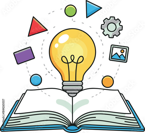 An insightful lightbulb representing innovation grows from an open book surrounded by various creative shapes