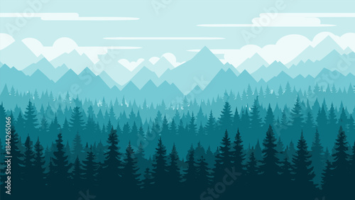 A serene, layered landscape of evergreen trees and distant mountains under a pale blue sky with wispy clouds.