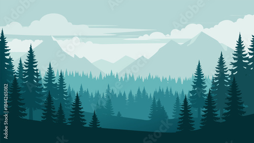 A serene, minimalist landscape illustration featuring layers of evergreen trees and distant mountains under a cloudy sky.