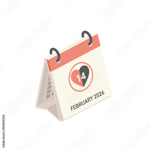 Open desk calendar illustration displaying February 14, 2026, marking a significant romantic date
