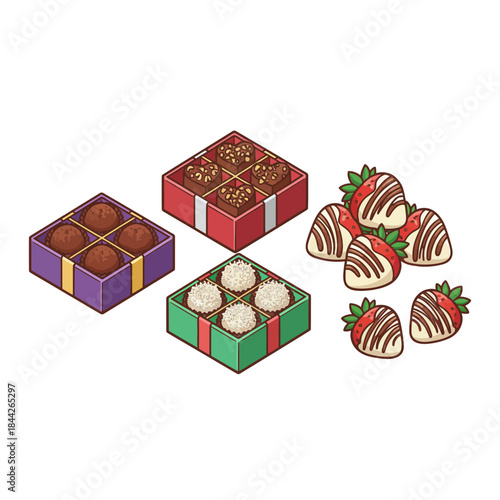 Isometric illustration: a vibrant arrangement of three chocolate boxes and dipped strawberries