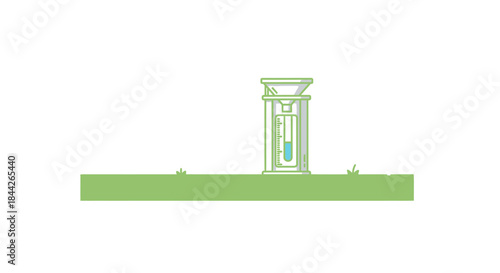 Minimalist vector illustration of a rain gauge in a field, measurement tool