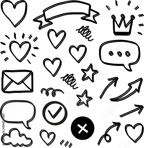 Handdrawn icons set with hearts arrows and speech bubbles.