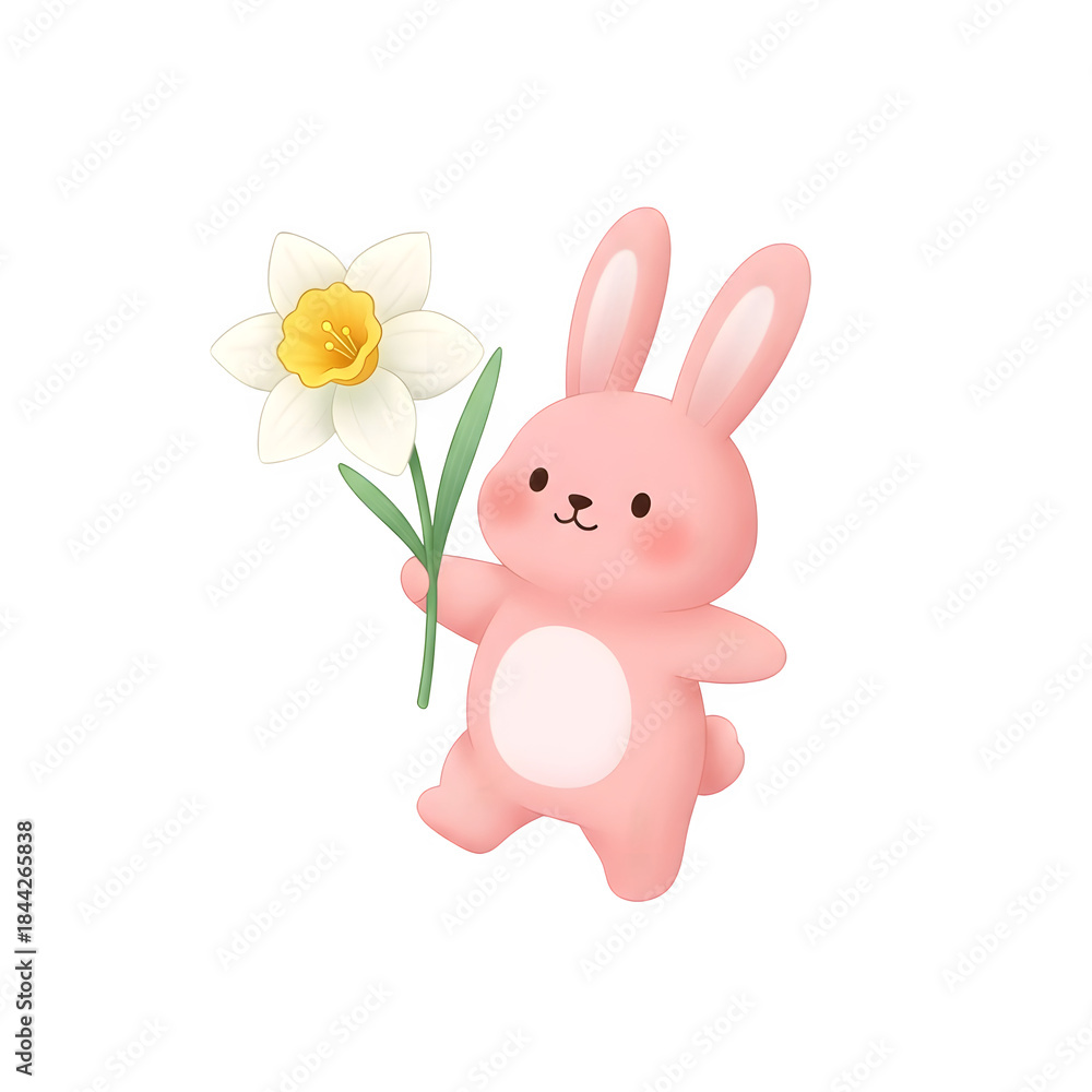 Obraz premium Pink cartoon bunny holding a daffodil isolated on transparent background