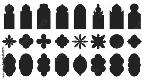 Islamic windows shapes and oriental badge silhouettes featuring east gate frames domes and mosque inspired arches, perfect for Islamic festival layouts Ramadan kareem visuals Eid Mubarak designs.