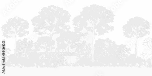A grayscale silhouette of trees and a building against a plain background