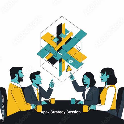 Business professionals collaborate in an Apex Strategy Session, analyzing key performance indicators visualized as an abstract geometric cube, driving strategic planning.