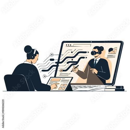 A professional engages in a virtual learning session, collaborating remotely with an instructor on a laptop, interacting with a digital tablet.