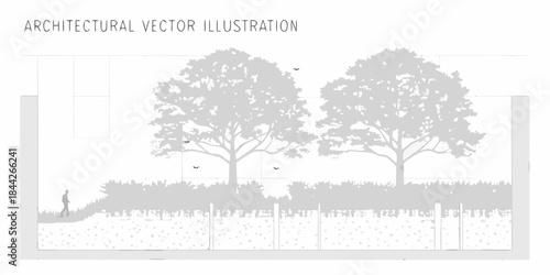Architectural illustration depicting trees landscaping and a building facade