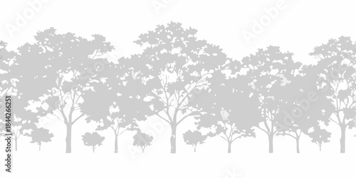 A grayscale silhouette of a dense forest with varied tree shapes