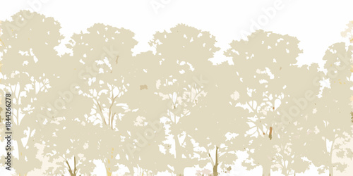 A serene landscape featuring a silhouette of trees against a pale background