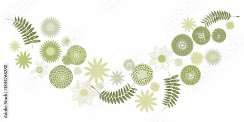 A delicate arrangement of stylized green and white floral and foliage elements