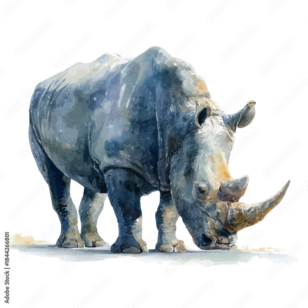 Fototapeta premium Rhinoceros, watercolor painting, vector illustration, isolated on a white background.