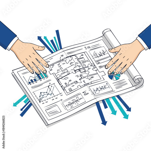 Two hands collaborate over a blueprint with rising financial charts and arrows symbolizing growth and planning.