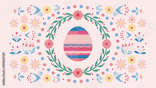 Flat illustration of colorful easter egg surrounded by floral wreath with daisies and leaves on soft pink background