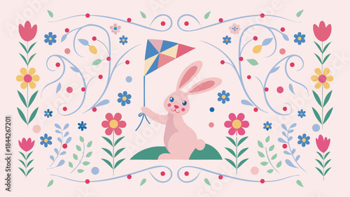 A whimsical flat illustration of a cute rabbit holding a colorful kite surrounded by vibrant flowers on a soft pink background