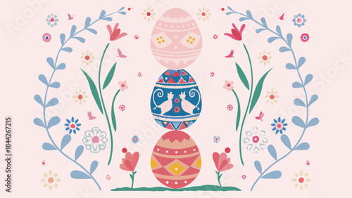 Three colorful easter eggs stacked vertically with floral pattern surrounded by flowers and leaves on a pink background flat illustration
