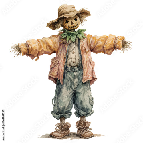 Scarecrow in watercolor style, vector illustration, isolated on white background.