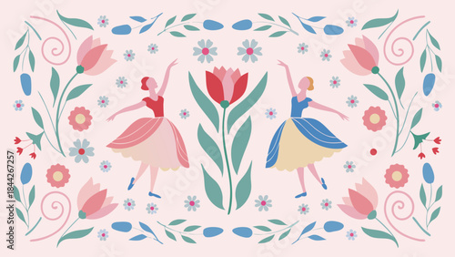 Flat illustration of two dancing ballerinas surrounded by colorful tulips and crocuses on soft pink background with floral wreath
