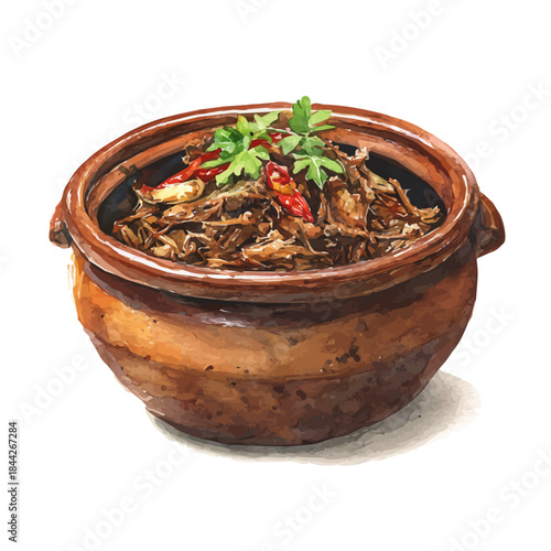 Ropa Vieja, watercolor painting, vector illustration, isolated on a white background.
