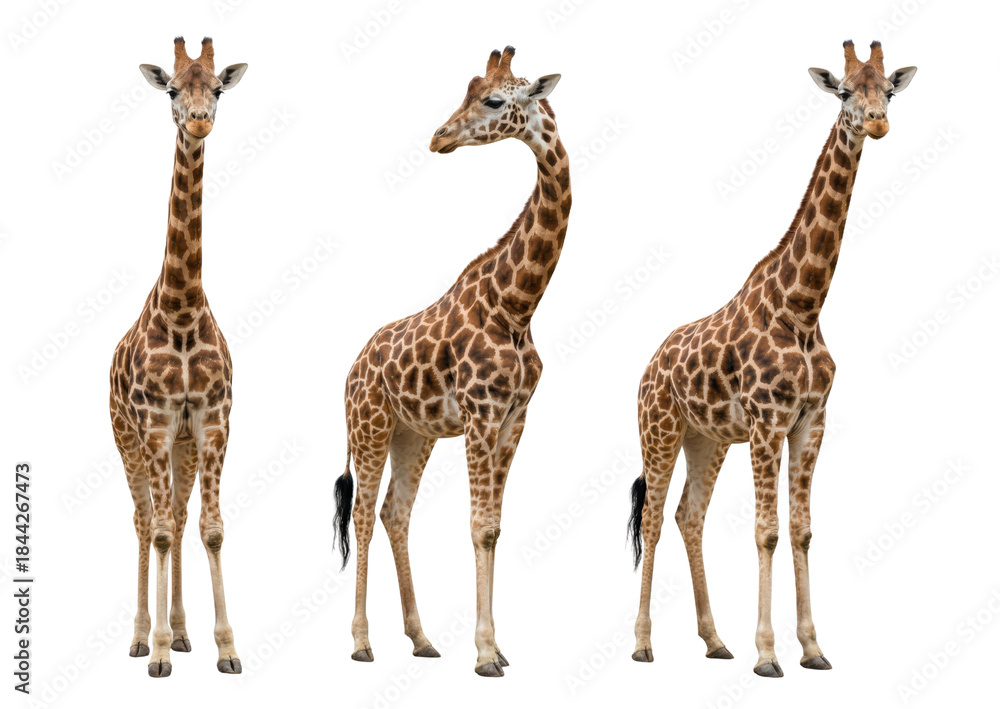 Obraz premium Three Giraffes Standing Isolated on White Background