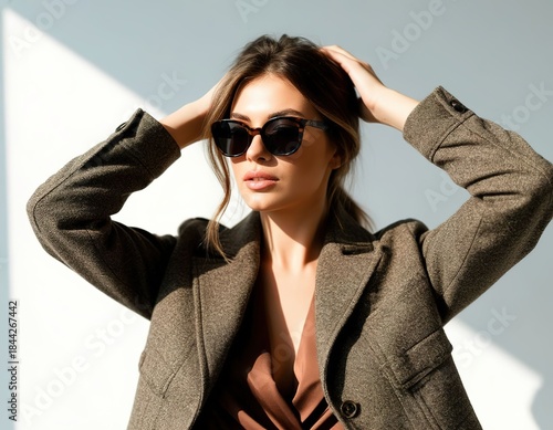 A young woman in dark glasses and a jacket poses with her hands behind her head against a light background.