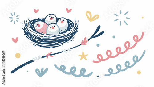 Three cute baby birds snuggled up together in a cozy nest surrounded by colorful hearts and stars flat illustration