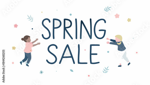Hand lettered spring sale flat illustration features two joyful children throwing flowers and leaves on a white background with colorful stars and text announcing a seasonal discount