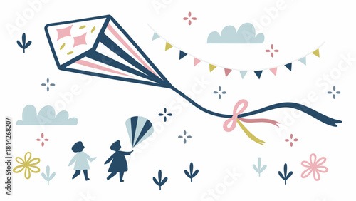 Large diamond shaped kite flying high in sky with two children, colorful bunting and flowers, soft pastel hues, whimsical flat illustration