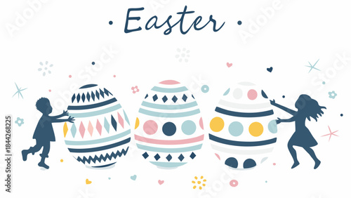 Flat illustration of three children playing with colorful, retro patterned easter eggs on white background with confetti and stars