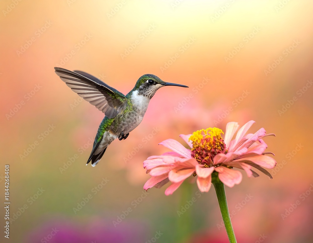 Fototapeta premium Tiny hummingbird with outstretched wings hovers near a vibrant pink flower with yellow center, soft bokeh