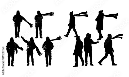 Winter comfort concept people silhouettes with flying scarves