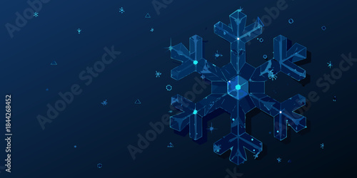 Geometric blue snowflake design with polygonal shapes and sparkling details